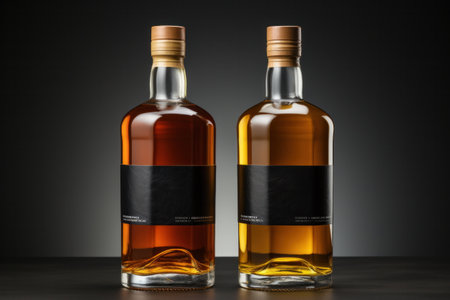 Bottle of amber color premium alcohol, isolated on white background. Ideal for mock-up of whisky, brandy, cognac or rum design.の素材