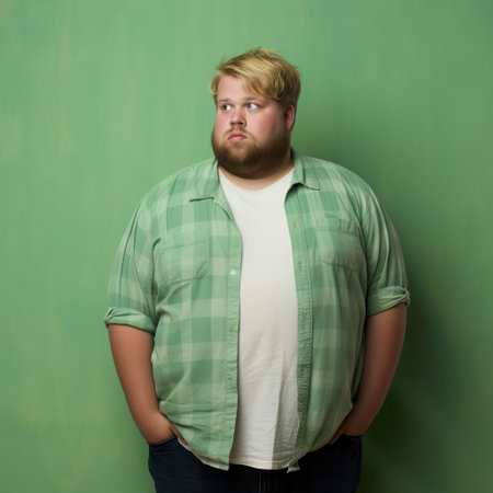 Face of overweight man looking at camera on blue backgroundの素材
