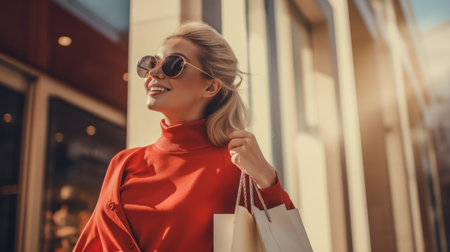 Woman in shopping. Happy woman with shopping bags enjoying in shopping. Consumerism, shopping, lifestyle conceptの素材