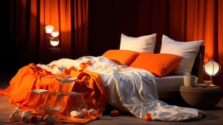 Orange pillows on white king size bed in fashionable female bedroomの写真素材