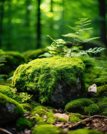 Beautiful Bright Green moss grown up cover the rough stones and on the floor in the forest. Show with macro view. Rocks full of the moss texture in nature for wallpaperの写真素材
