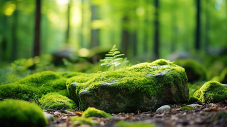Beautiful Bright Green moss grown up cover the rough stones and on the floor in the forest. Show...