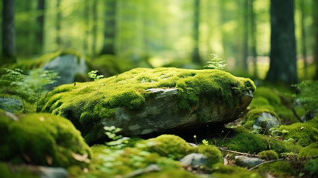 Beautiful Bright Green moss grown up cover the rough stones and on the floor in the forest. Show with macro view. Rocks full of the moss texture in nature for wallpaperの写真素材