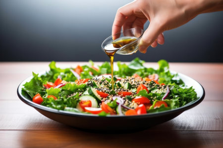 Fresh colorful spring vegetable salad with cherry tomatoes and sweet peppers in the blue bowl. Cook s hand pouring olive oil with herbs (dressing). Healthy organic vegan lunch or snack close upの素材