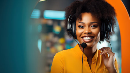 Photo of beautiful young call center operator standing near gray background. Woman with headphones looking at camera and smilingの素材