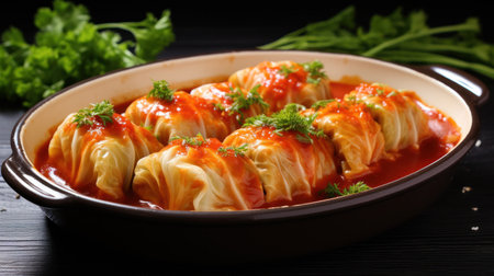 Top view of rolled cabbage leaves stuffed with ground meat, rice and onion on white wooden table.の素材