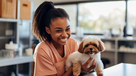 A Portrait of Female professional groomer at pet spa grooming salonの写真素材