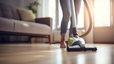 Young woman using a vacuum cleaner while cleaning carpet in the house.の素材