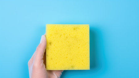 Sponge for washing and cleaning in female hand. Hand in a latex glove isolated on whiteの写真素材