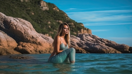 A girl dressed as a mermaid is resting on the rocksの素材