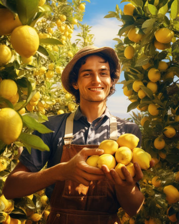 Smiling young man farmer harvesting, picking lemons in the orchardの素材