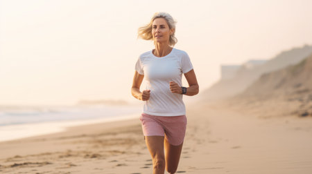 fit and happy middle aged woman running on the beach - 40s or 50s attractive mature lady with grey hair doing jogging workout enjoying fitness and healthy lifestyle at beautiful sea landscapeの素材