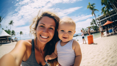 Fun weekend alfresco. smiling active mother and daughter in beachwear in the swimming pool taking selfieの素材