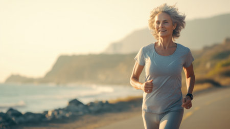 fit and happy middle aged woman running on the beach - 40s or 50s attractive mature lady with grey hair doing jogging workout enjoying fitness and healthy lifestyle at beautiful sea landscapeの素材