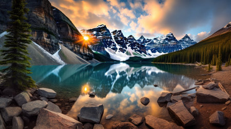 Mountain landscape, lake and mountain range, large panorama.の素材