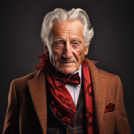 Portrait of senior hipster man in fashionable wear isolated on studio background. Joyful elderly lifestyle concept. Trendy colors, forever youth.の素材