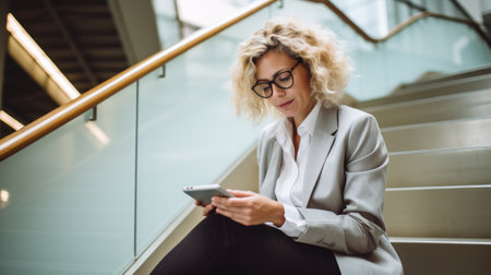 Confident businesswoman sitting on stairway using digital tablet connect remote office. Businessperson sit on stair working online outside workplace, reading message via wireless technology connectionの素材