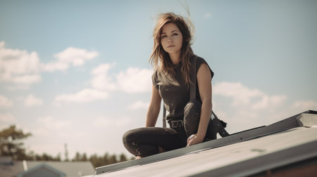 Female Construction Worker On roofの素材