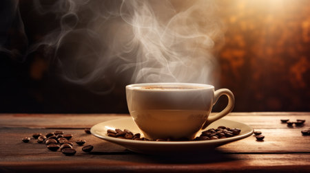 Coffee cup and coffee beans on wooden background