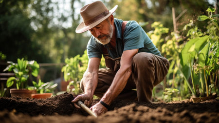 Mature man working in the gardenの写真素材