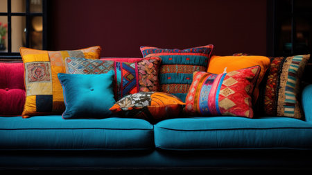 handmade, interior design, decoration elements concept. there is sinple but original pillowcases that was sewed of jeans fabric, each one has cuts that are made in form of squaresの写真素材