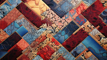 Patchwork quilt. Part of patchwork quilt as background. Flower print. Color blanket in style patchwork. Color blanket. Handmade.の写真素材