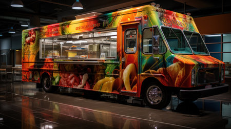 Open festive food truck with light bulbs at night street.の素材