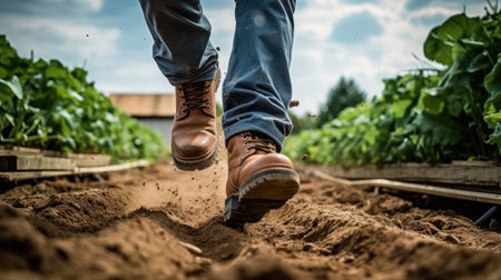 Sand-colored old farm male boots on garden soil. Man stands in garden on lawn with grass breaking through ground. Preparing for spring sowing season. Autumn. Farmer. Worker in safety shoes. Copyspaceの素材