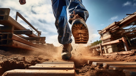 Sand-colored old farm male boots on garden soil. Man stands in garden on lawn with grass breaking through ground. Preparing for spring sowing season. Autumn. Farmer. Worker in safety shoes. Copyspaceの素材