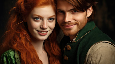 Family of Irish people dressed for celebration of St. Patricks Day on city street. Love storyの素材