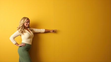 Full length portrait smiling young blond plus size body positive female woman 30s in green dress pointing index fingers aside on mock up copy space isolated on pastel yellow color background studioの素材
