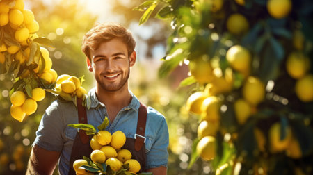 Smiling young man farmer harvesting, picking lemons in the orchardの素材