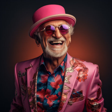 Portrait of senior hipster man in fashionable wear isolated on studio background. Joyful elderly lifestyle concept. Trendy colors, forever youth.の素材