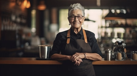 Asian lovely senior, elderly, retired, woman working at her coffee shop. Small business, Business owner.の素材