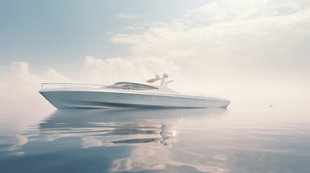 Modern white boat moves quickly on the water against the background of mountains.の素材