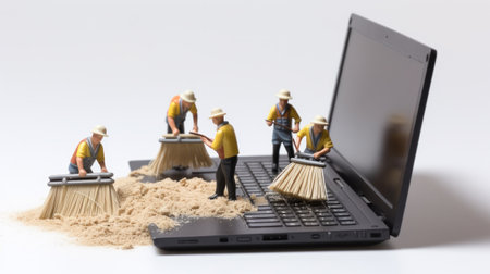 Cleaning the computer. Team of workers sweeps debris out of laptopの素材