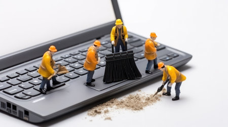 Cleaning the computer. Team of workers sweeps debris out of laptopの素材