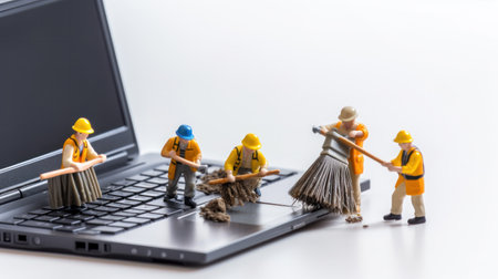 Cleaning the computer. Team of workers sweeps debris out of laptopの素材