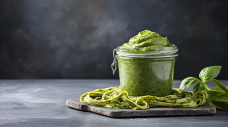 Jar with pesto sauce on table. Blend of basil, pine seeds, parmesan cheese and olive oilの素材