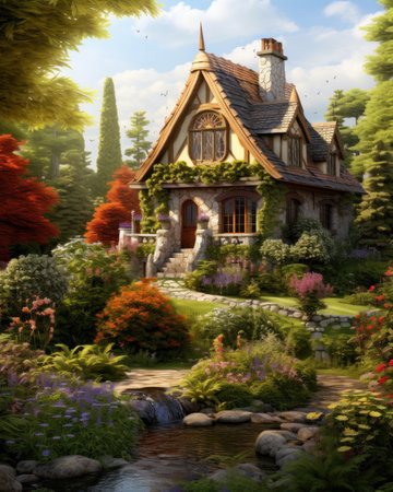 Fairy tree house in fantasy forest with stone road.の素材