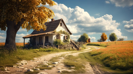Old abandoned village house in a field.の素材