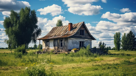 Old abandoned village house in a field.の素材