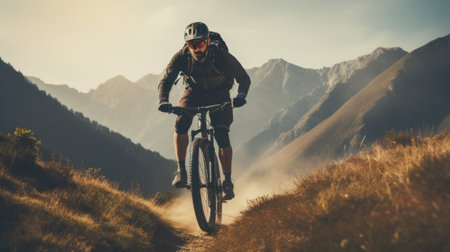 Cyclist Riding the Bike Down the Rock at Sunrise in the Beautiful Mountains on the Background. Extreme Sport and Enduro Biking Concept.の素材