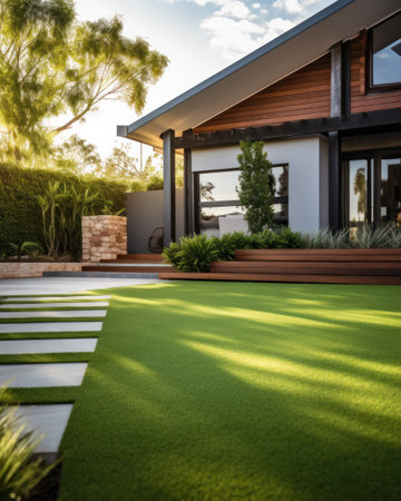Beautiful modern house in cement, view from the gardenの素材