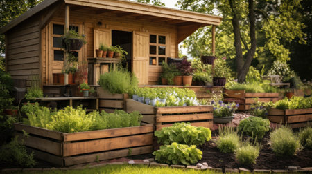 This small urban backyard garden contains square raised planting beds for growing vegetables and herbs throughout the summer. Brick edging is used to keep grass out, and mulch helps keep weeds downの素材