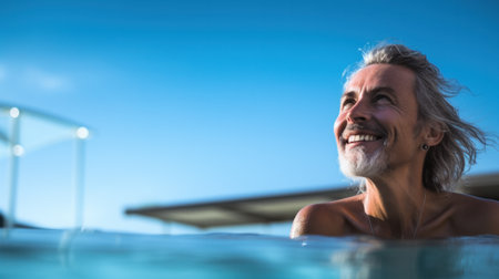 Cheerful man resting in luxury swimming pool. Zero level, sky backgroundの素材