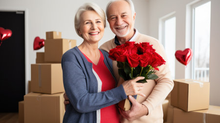 Happy senior couple middle 60s aged woman and man at home with card boxes. Relocation, hospice, new homeの素材
