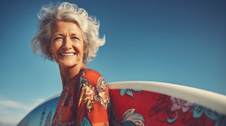 Mature woman posing with a surfboard on the beachの素材