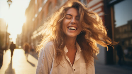 Portrait of happy woman on city street looking at camera. Beautiful girl standing outdoors in winter with a toothy smile. Cheerful university student.の素材