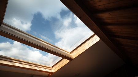 Dormer wooden window in the white sloping ceiling overlooking the blue sky. Sunlight enters the room through a closed windowの素材